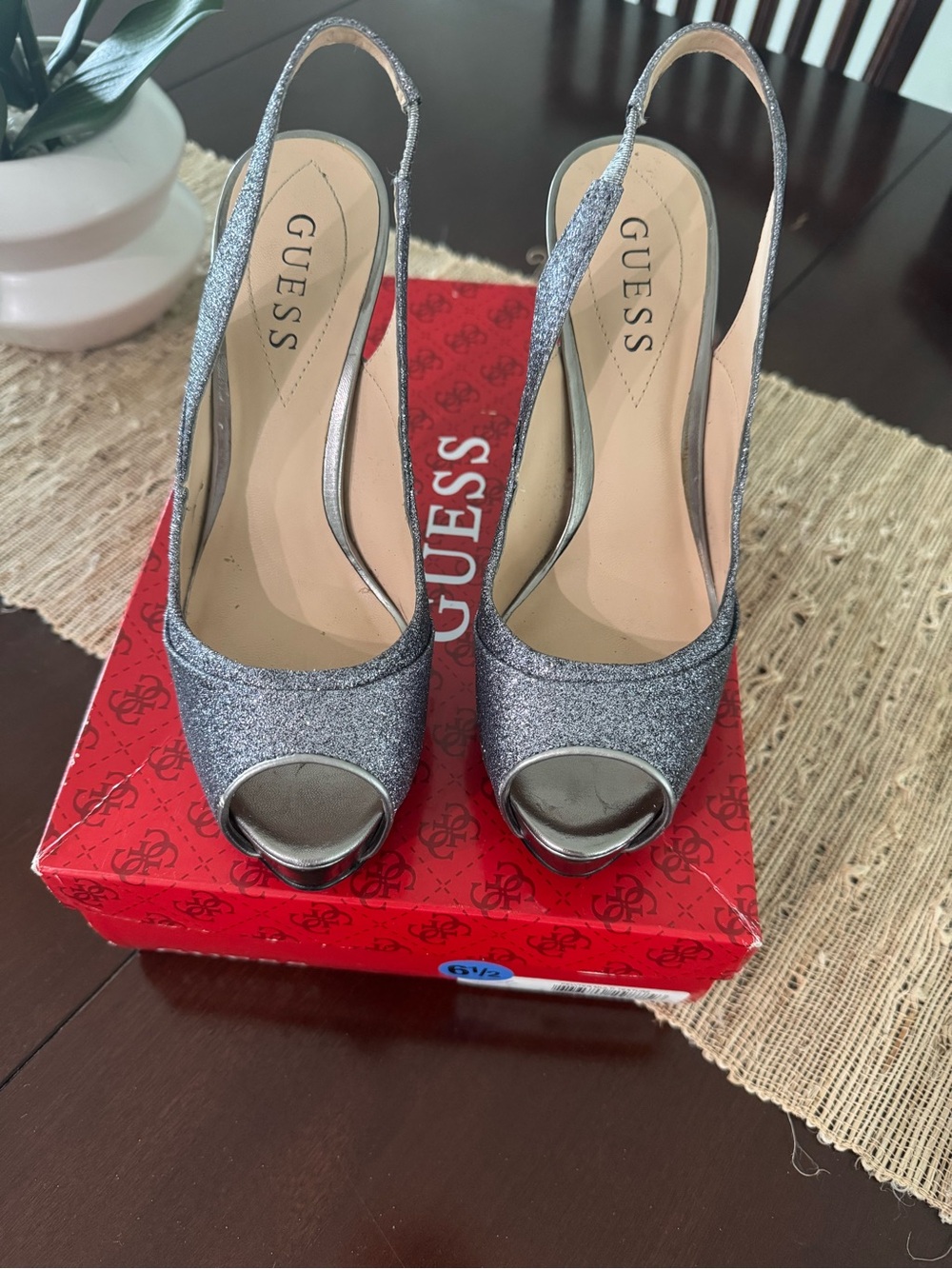 GUESS Silver Glitter Peep-Toe Slingback Heels